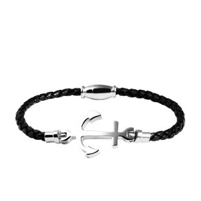 Armband - Schwarzes Leder und silberner Anker