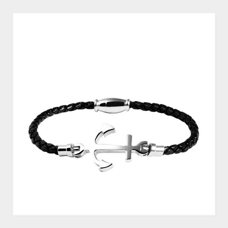 Armband - Schwarzes Leder und silberner Anker
