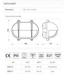 SKOTLAMPE oval-18,2 cm-IP54 Forkromet messing