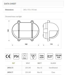 SKOTLAMPE oval-18,2 cm-IP54 Forkromet messing