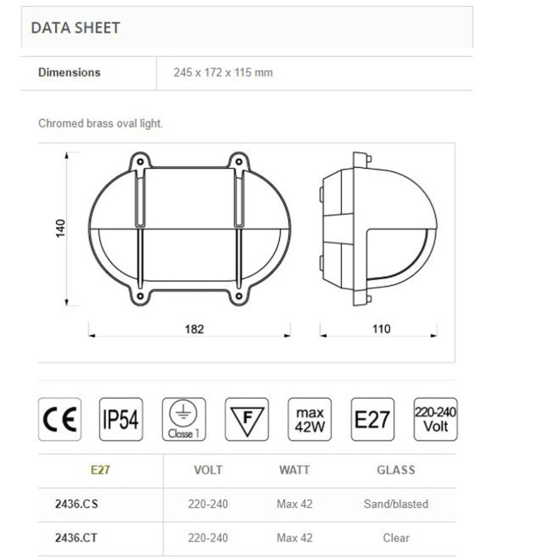 SKOTLAMPE oval-18,2 cm-IP54 Forkromet messing