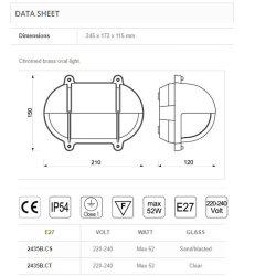 SKOTLAMPE oval-21 cm-IP54 Forkromet messing