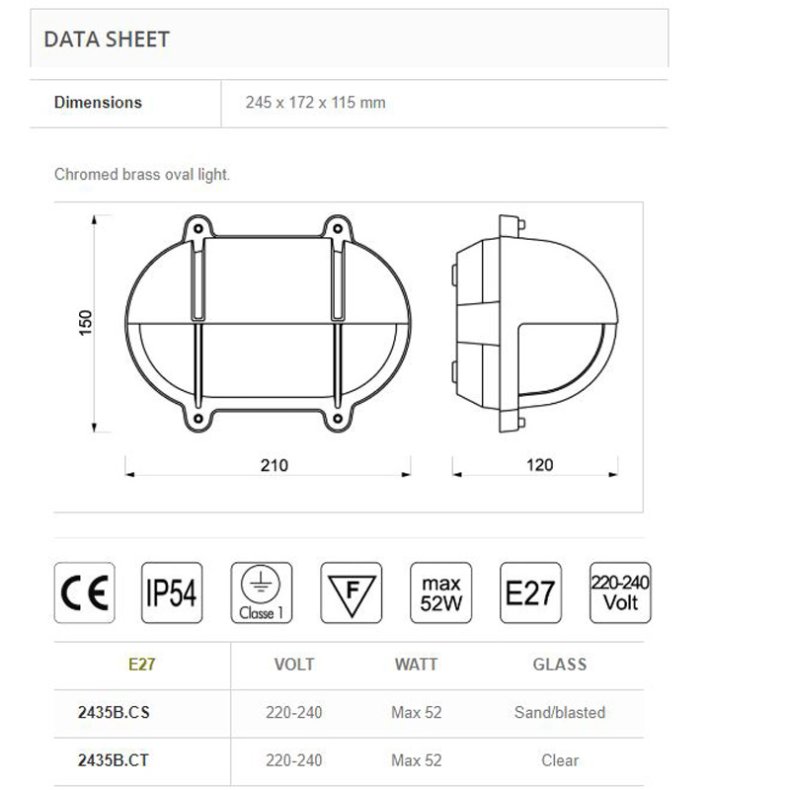 SKOTLAMPE oval-21 cm-IP54 Forkromet messing