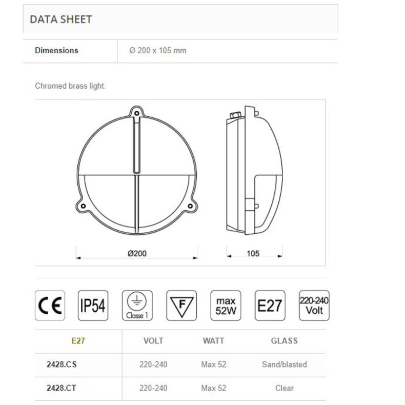 SKOTLAMPE rund-20 cm-IP54 Forkromet messing