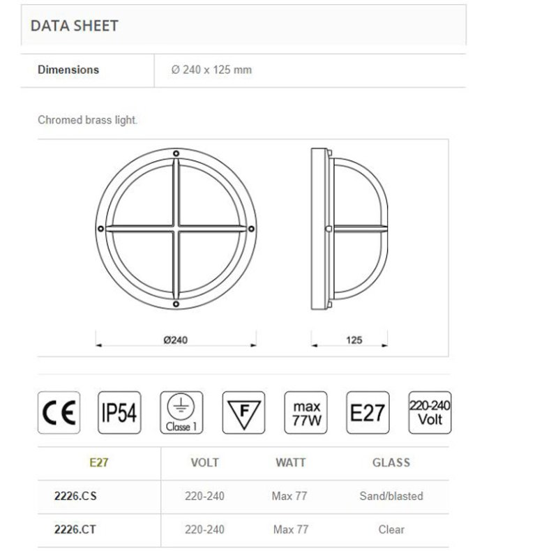 SKIBSLAMPE 2226-24 cm-IP54 Forkromet messing