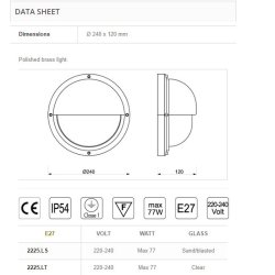 SKIBSLAMPE 2225-24 cm-IP54 Forkromet messing