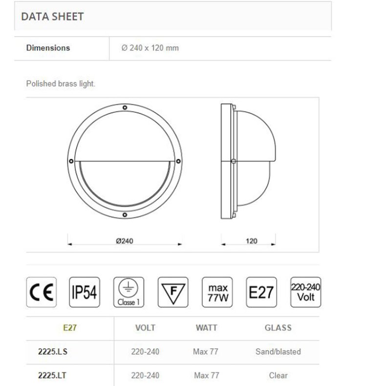 SKIBSLAMPE 2225-24 cm-IP54 Forkromet messing