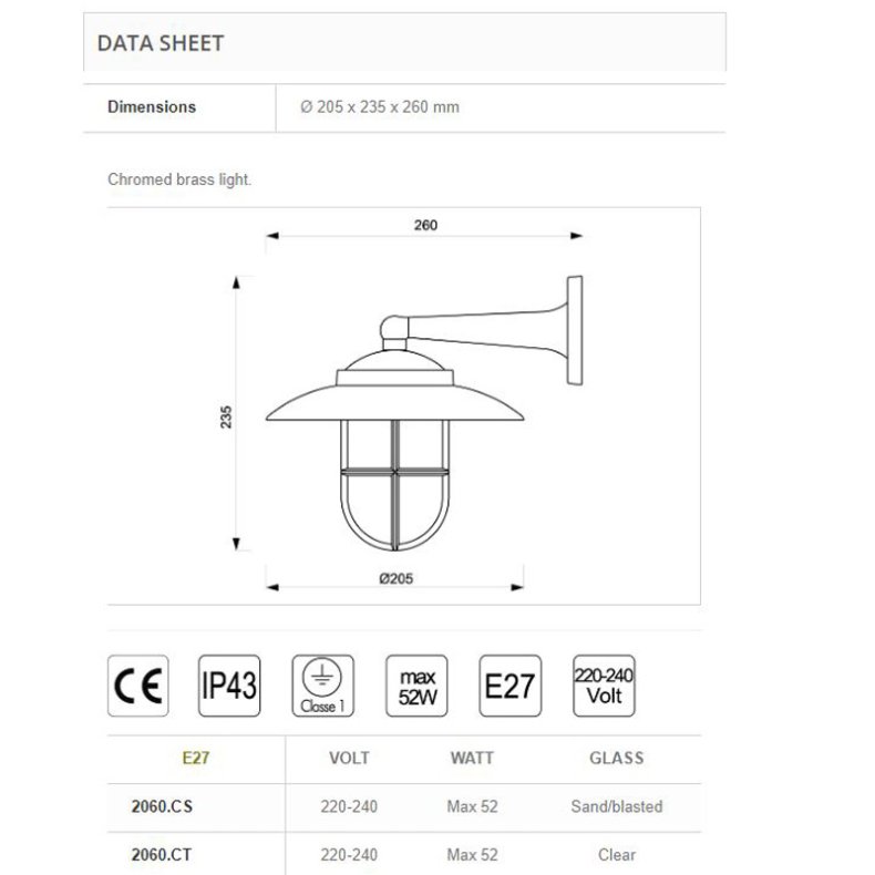 DKSLAMPE  2060- 23,5 cm-IP43 Messing