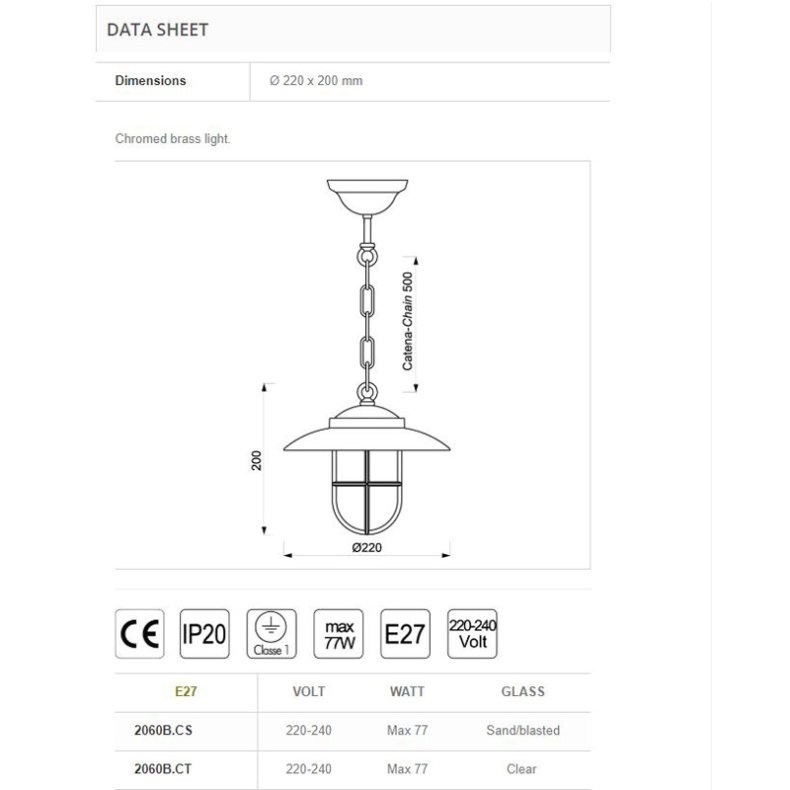 DKSLAMPE 2060-22 cm-IP20 Forkromet messing