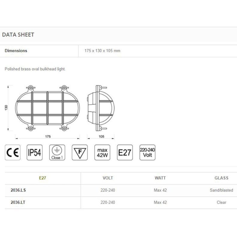 SKOTLAMPE oval-17,5 cm-IP54 Messing 