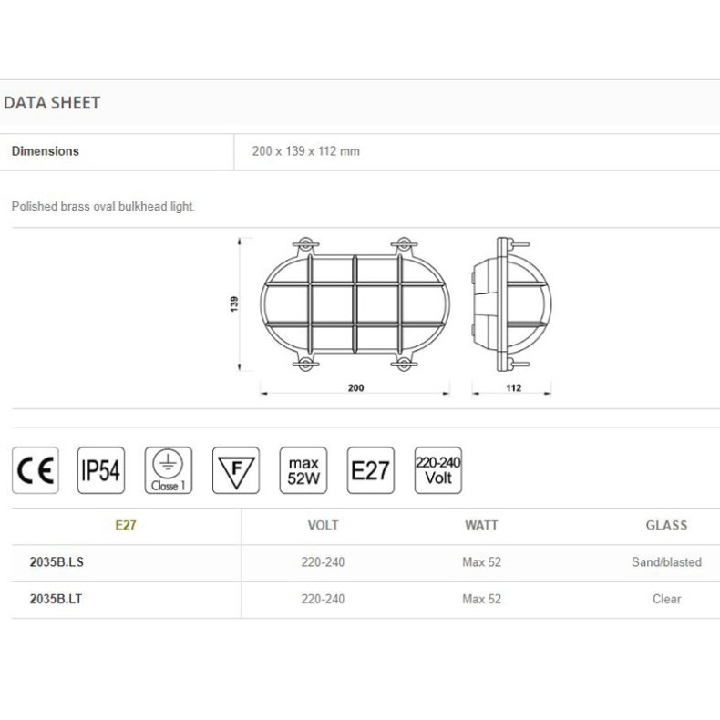 SKOTLAMPE oval-20 cm-IP54 Messing 