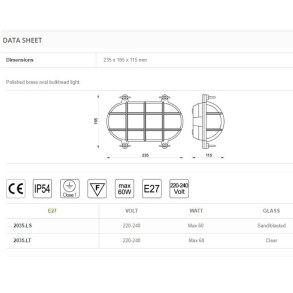 SKOTLAMPE oval-23,5 cm-IP54 Forkromet messing