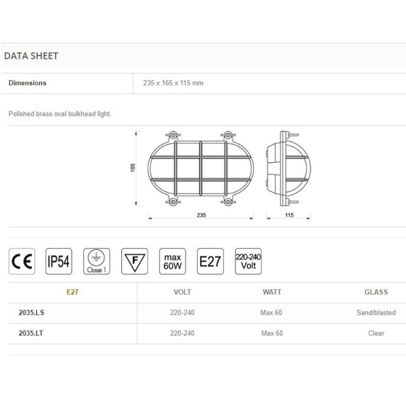 SKOTLAMPE oval-23,5 cm-IP54 Messing