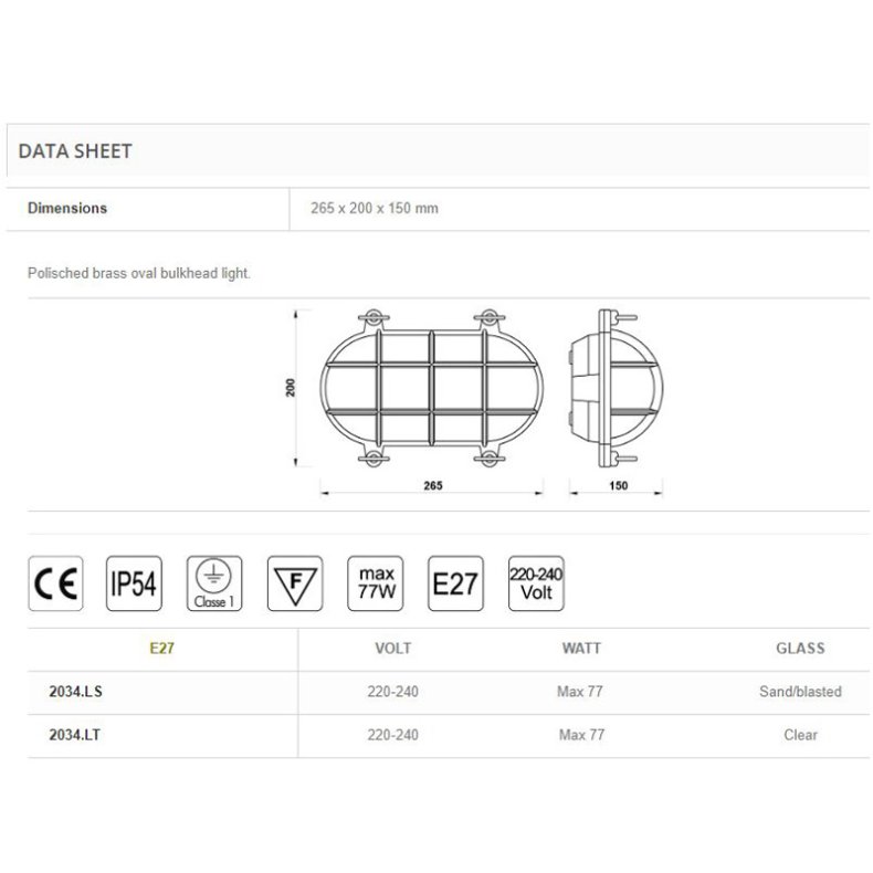 SKOTLAMPE oval-26,5 cm-IP54 Forkromet messing