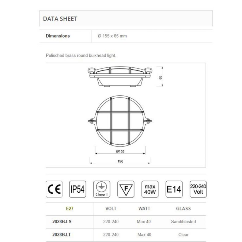 SKOTLAMPE rund-15,5 cm-IP54 forkromet messing
