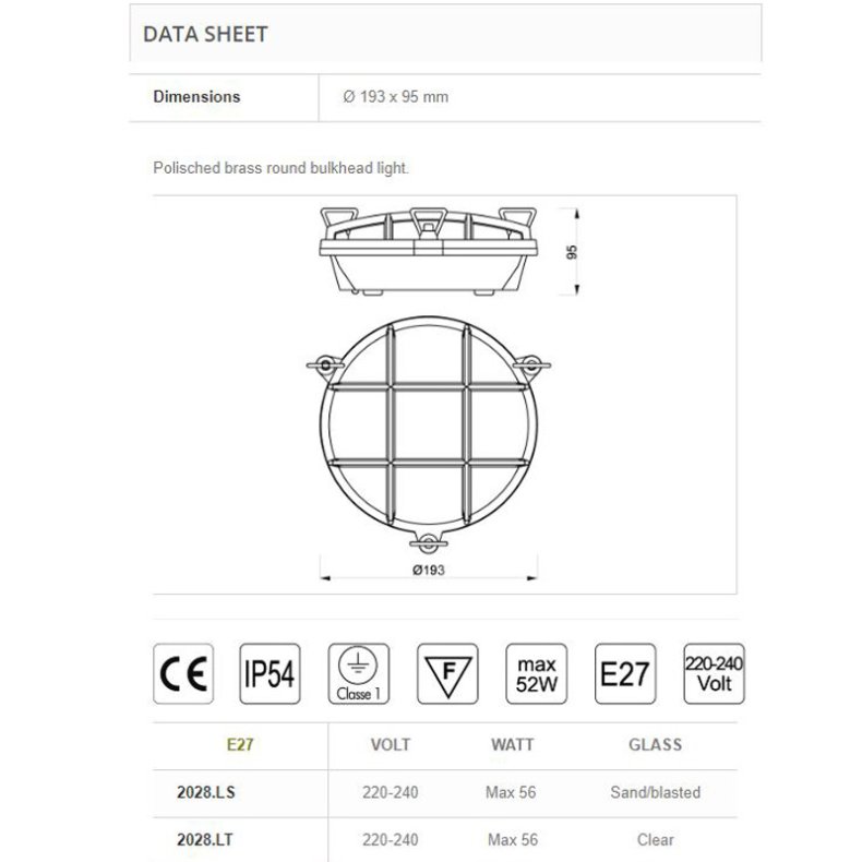 SKOTLAMPE rund-19,3 cm-IP54 Messing