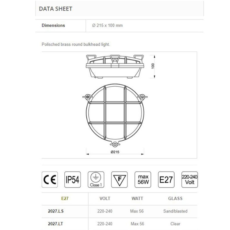 SKOTLAMPE rund-21,5 cm-IP54 Forkromet messing