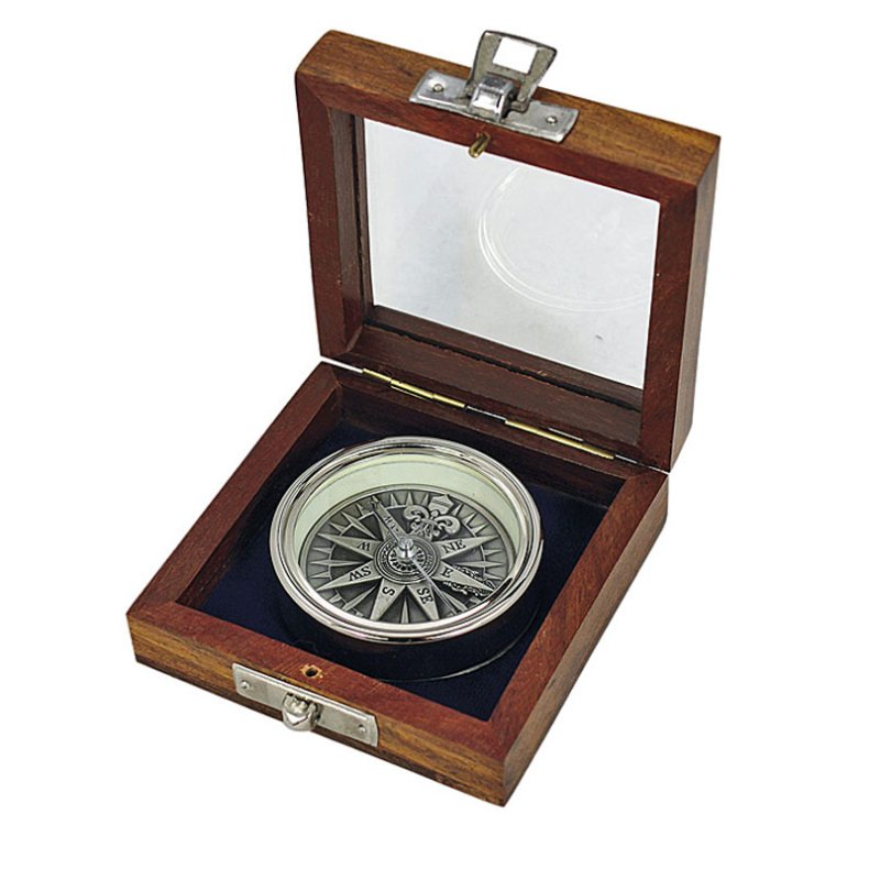 Compass with 3D wind rose in fine wooden box with glass lid - 5,5 cm