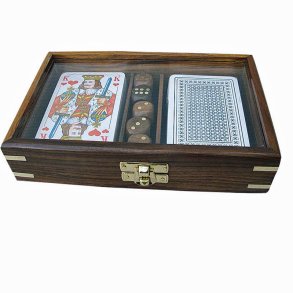 Card game dice. with dice - in wooden box with glass lid 