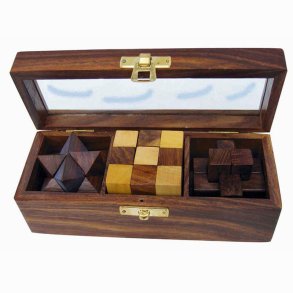 Puzzles - three pieces in wooden box  