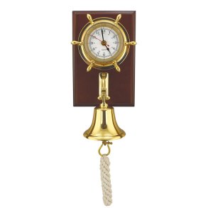 Ship's Clock and Ship's Bell - Brass and Mahogany