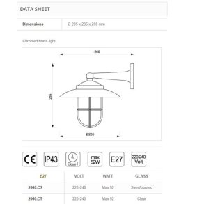 D�KSLAMPE 2060-23,5 cm-IP43 Forkromet messing