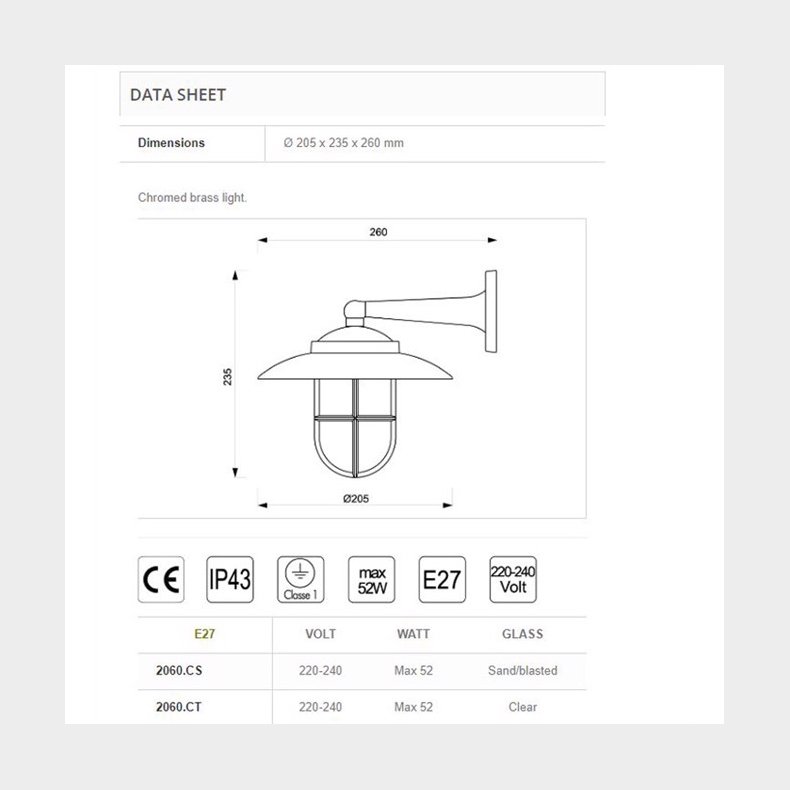 DKSLAMPE 2060-23,5 cm-IP43 Forkromet messing